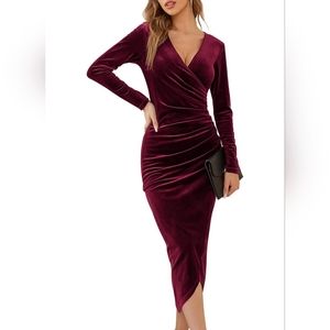 Elegant Velvet Long Sleeve Wrap V Neck Ruched Bodycon Cocktail dress
